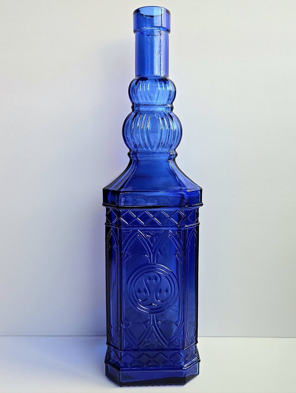 VTG Pier 1 Cobalt Blue Art Glass Bottle Decanter Gothic Cathedral Window Spain